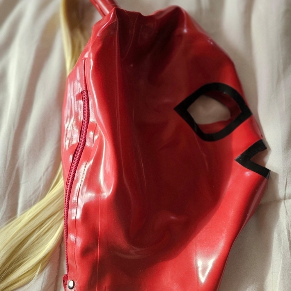 100% Latex Red Ponytail Hood